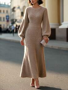 Women's Autumn/Winter Grey Brown Soft Ribbed Knit Crew Neck Lantern Sleeve Fitted Long Sweater Dress, Elegant Casual Daily Commute Layering Style - Maroon - View 7