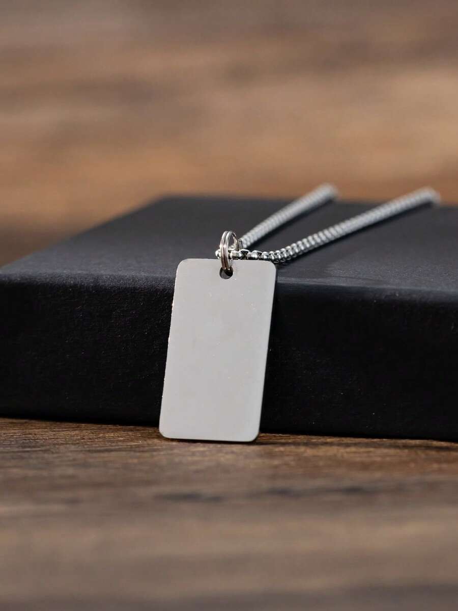 Minimalist Business Style Stainless Steel Necklace, Smooth Blank Rectangle Tag Pendant For Men, Daily Wear & Birthday Gift Jewelry - Silver - View 1