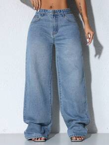 Low Waist Wide Leg Casual Blue Slanted Pocket Curved Women'S Jeans Fall Clothes - Dusty Blue - View 5