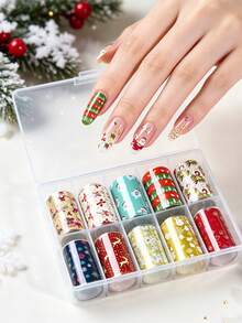 10 Rolls Christmas Nail Foil Transfer Stickers 4x100cm Santa Snowflake Reindeer Bell Xmas Pattern Winter Nail Art Decals, DIY Manicure Decorations For Acrylic Nails - Multicolor - View 2