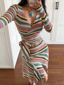 Colorful Striped Knit Wrap V-Neck Long Sleeve Top & Ruffle Mid-Length Skirt 2 Pieces Set - Multicolor - View 6