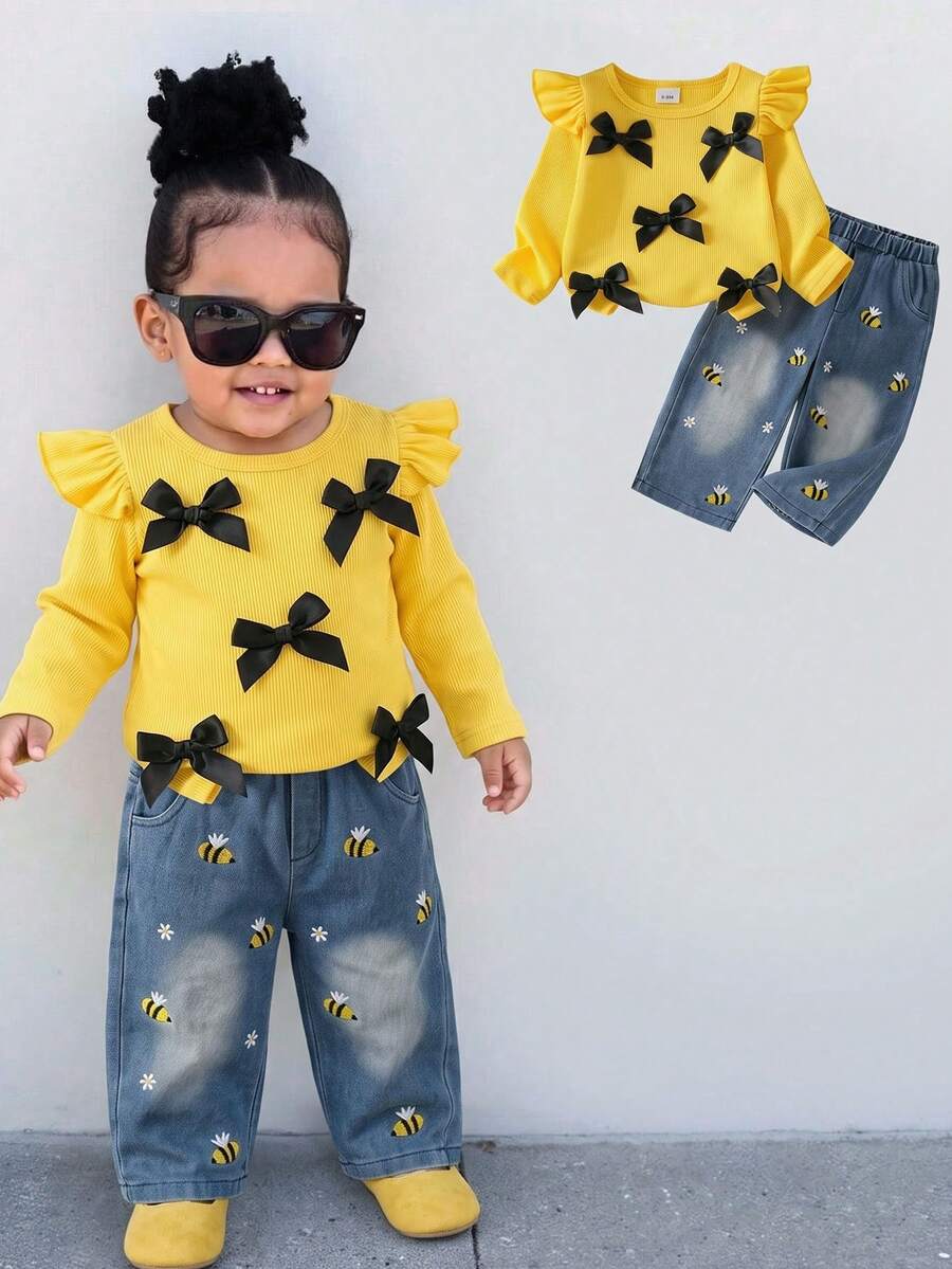 Baby Girl Energetic Cute Casual Spring/Autumn 2-Piece Set, Bright Yellow Ribbed Flutter Sleeve Long Sleeve T-Shirt Top + 3D Black Bow Decor Bee & Flower Embroidered Gradient Washed Denim Long Pants Outfit - Yellow - View 1