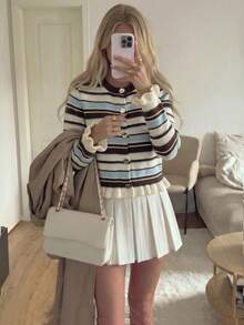 Women's Autumn Set: Vintage Multi-Color Striped Ruffle Round Neck Long Sleeve Cardigan With Metal Buttons, Suitable For Daily And Office Wear - Multicolor - View 9