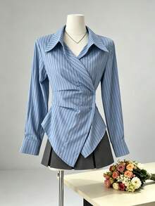 YUXIN Women's Blue Striped Wrap Shirt Collared Asymmetric Button Front Self Tie Back Fitted Elegant Top For Office Date Dinner Fall Daily Wear - Blue Bar - View 7
