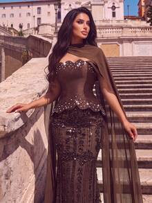 Women's Romantic Off-Shoulder Mermaid Evening Gown, Sequin Pearl And Rhinestone Decorated Formal Dress, Suitable For Prom - Coffee Brown - View 7