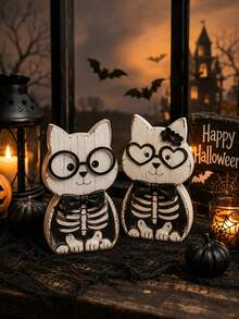 1/2pcs Vintage Distressed Wooden Cat Skeleton Decor, Farmhouse Style Halloween Tabletop Ornament, Suitable For Tiered Trays, Fireplace Mantels And Indoor Party Scenes - Multicolor - View 1