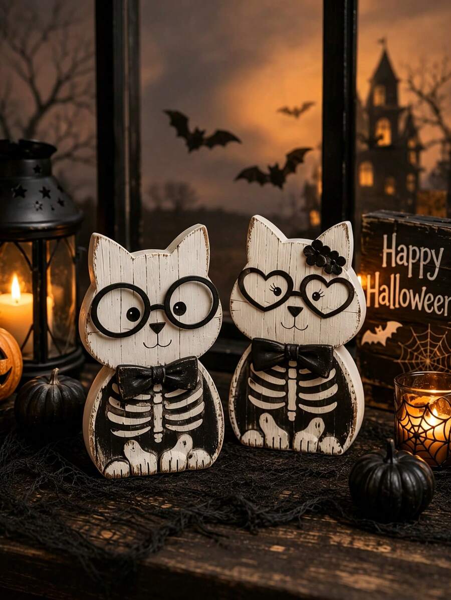 1/2pcs Vintage Distressed Wooden Cat Skeleton Decor, Farmhouse Style Halloween Tabletop Ornament, Suitable For Tiered Trays, Fireplace Mantels And Indoor Party Scenes - Multicolor - View 1