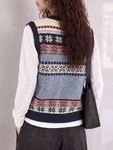 Women's Vintage Old Money Style V-Neck Pullover Vest, Autumn/Winter - Multicolor - View 2