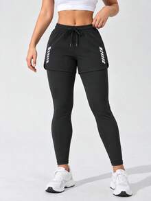 Women 2 In 1 High Waist Sports Leggings With Drawstring Layered Shorts Slim Fit Active Pants - Black - View 2