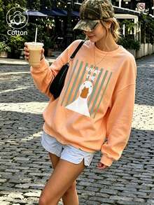 Women Cotton Crew Neck Loose Sweatshirt For Autumn Pink Striped White Duck Print WHAT THE Casual Street Sport Style - Hami Melon Orange - View 4