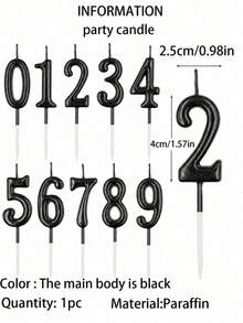 Cute 0-9 Number Candles In Gold, Silver, Blue, Black Colors For Birthday, Anniversary, 1st Birthday Cake Decor Back To School Valentine's Day - Black - View 7