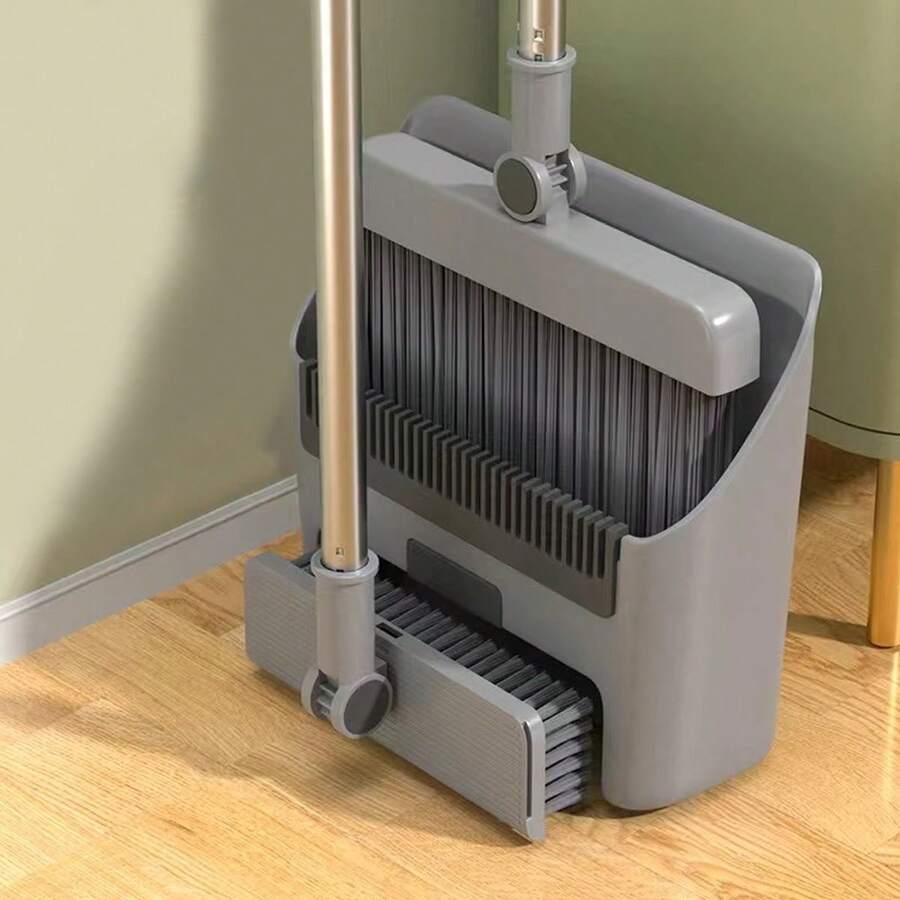 Juego de escoba y recogedor 3 en 1 con cepillo integrado, kit de limpieza para el hogar 3 en 1: escoba de cerdas suaves, recogedor y cepillo combinados, escoba y recogedor integrados, diseño plegable compacto para uso en el hogar, residencia de estudiantes, colegio, oficina y coche, - Gris - Ver 1