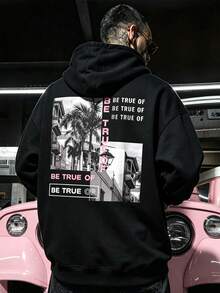DOPE | 秋冬黑色連帽衛衣，復古建築與椰子樹印花，寬鬆版型，百搭男士運動衫 - 黑色 - 查看 2