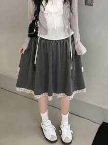 Chân váy phong cách Hàn Quốc cho nữ họa tiết hoa phối mảnh đa năng - Xám - Xem 1