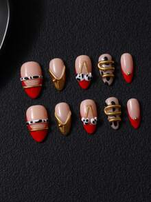 10pcs/Set Handmade Press-On Almond Nails, Built-Up Thickened Autumn/Winter Hand-Painted Burgundy French Nude Cherry Gold Bead Line Inlay Y2K Style, Includes 1pc Jelly Glue And 1pc Nail File, Suitable For Daily And Party Nail Care - Multicolor - View 3