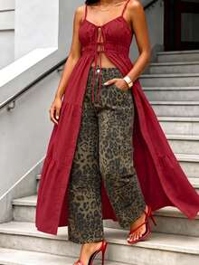 High Street Fashion Leopard Print Casual Straight Leg Denim Jeans For Women, Versatile For Daily Wear - Multicolor - View 4