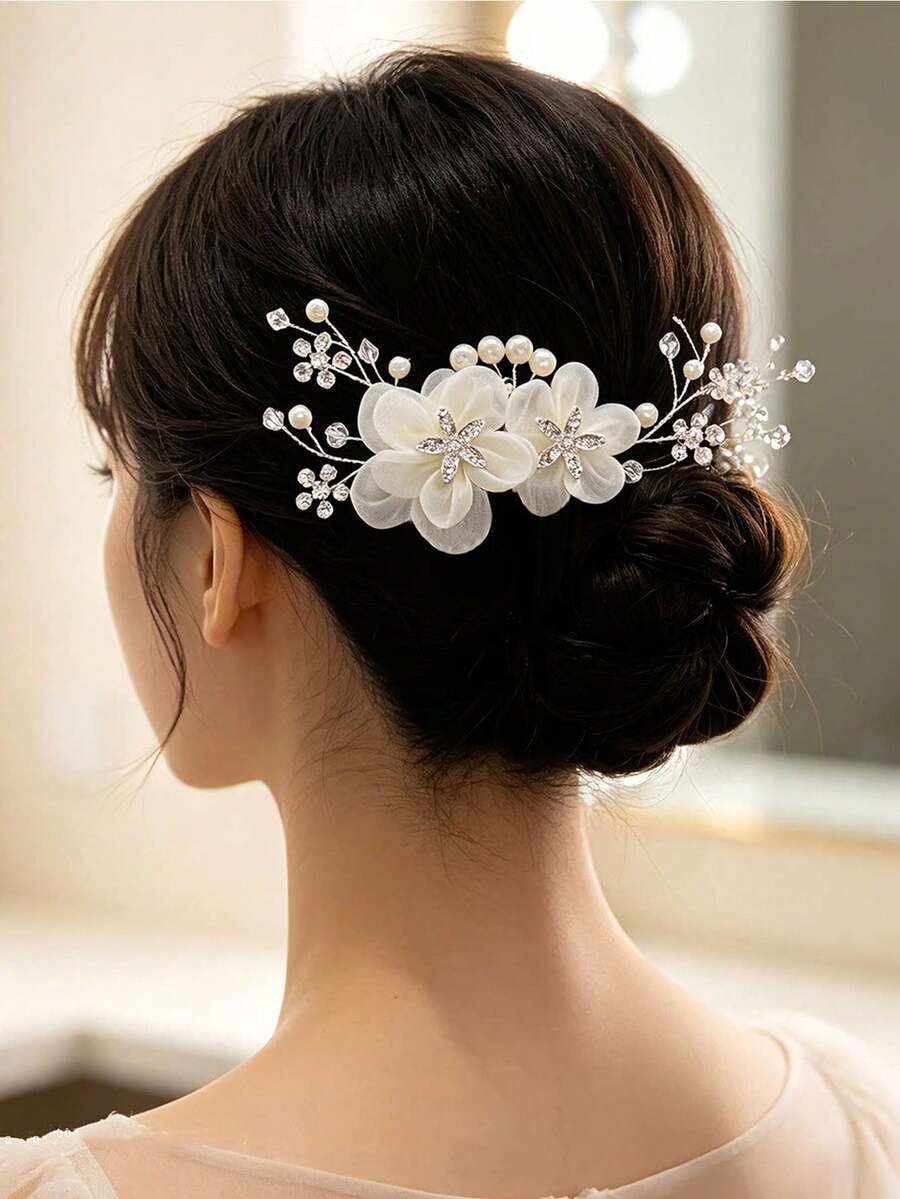 1件時尚新娘婚紗面紗網花髮夾 皇冠頭飾 珍珠花側夾 婚禮/派對盤髮髮飾 - 白色 - 查看 1