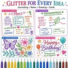 12pcs Colorful Neutral Gel Pens, Glitter Gel Pens, Vibrant Colors, Shiny Glitter Ink, Smooth Writing, 0.8mm Tip, Suitable For Diary, Notes, Drawing, Greeting Card Making And DIY Crafts - Multicolor - View 6