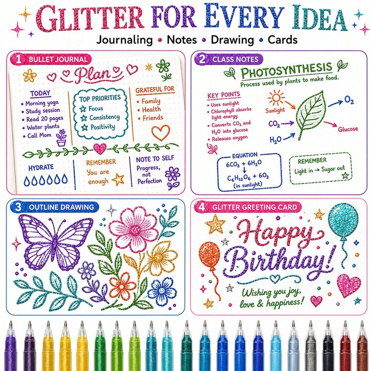 12pcs Colorful Neutral Gel Pens, Glitter Gel Pens, Vibrant Colors, Shiny Glitter Ink, Smooth Writing, 0.8mm Tip, Suitable For Diary, Notes, Drawing, Greeting Card Making And DIY Crafts - Multicolor - View 6