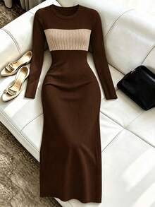 New Women's Autumn Four-Season Elegant Color-Block Patchwork Round-Neck Slim-Fit Ribbed Knit Premium Fashion Tight Dress. - Coffee Brown - View 2