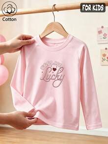 Kids Casual Long Sleeve T-Shirt, Round Neck Raglan Sleeves, Pink With "Feeling Lucky" Print - Baby Pink - View 4