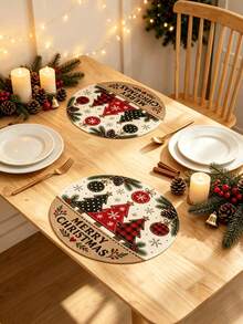 1/2/4pcs Christmas Placemats, Christmas Tree, Christmas Ball And Pine Cone Elements, Round Design, Linen Material, Suitable For Christmas Decoration, Family Gathering Party, Table Decor, Holiday Decor, Indoor Decor. - Multiple Styles - View 8