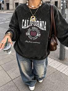 Women's New Minimalist Winter Letter Print Casual Crew Neck Fashion Versatile Tie-Dye Sweatshirt - Black - View 1