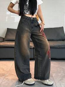 1件女款寬鬆刺繡寬腿牛仔褲，舒適休閒高街百搭丹寧長褲（不含腰帶/配件）春秋款 - 藍色 - 查看 6