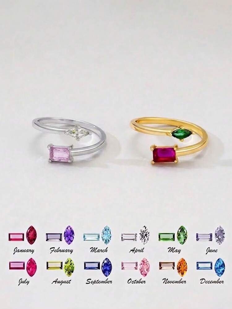 Customizable Adjustable Birthstone Ring, Exquisite Double Stone Ring, Personalized Birthstone Jewelry, Couple Gift, Birthday And Anniversary Gift (For Her). - Multicolor - View 3