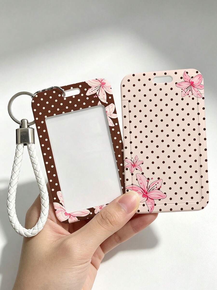 Soft Pink Lily Polka Dot Pattern Personalized Retractable Card Holder, Keychain Pendant Bag Charm, Student ID & Transit Card Protector, Suitable For Office Workers And Students Daily Use - Multicolor - View 1