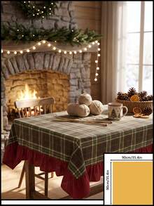 1pc Green Brown Red Classic Large Plaid Tablecloth Traditional Country Style Rectangular Burgundy Ruffle Edge Pleated Detail Stain-Resistant Protective Tablecloth For Home Long Table Suitable For Christmas Family Gathering And Winter Holiday Dining Room Decor - Green - View 12