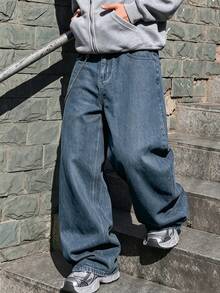 Men's Vintage Light Wash Big Pocket Wide Leg Jeans, Street Style Printed Loose Silhouette Denim Pants - Blue - View 5