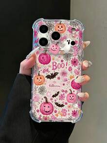 Phone Case - [2D Printed] Compatible With IPhone 18/18 Pro/18 Pro Max/17/17 Pro/17 Pro Max/16/15/14/13/12 Series, Pink Floral Boo Slogan Ghost Pumpkin Sweet Halloween Pattern Transparent Four-Corner Shockproof Phone Case, Lightweight And Protective, Unisex, Suitable For Daily Use - Clear - View 3