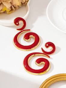 1Pair Exaggerated Chunky Swirl Metallic Dangle Earrings, Spiral Drop Earrings For Party - Red - View 4