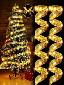 Christmas Gold Foil Star Organza LED Fairy Light String, Battery Powered, Flexible Translucent Mesh Fabric For Christmas Tree And Bow Decoration - Gold Ribbon - View 6