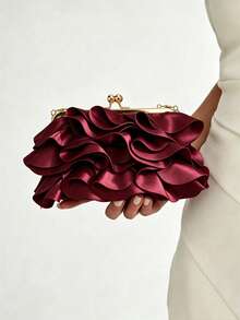Women's Elegant Charming Petal Party Clutch, Ruffle Design Evening Bag, Suitable For Wedding/Vacation/Formal Party/Ball, Burgundy - Burgundy - View 3