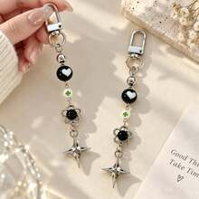 1pc/2pcs Unisex Personalized Four-Pointed Star Pendant Cylindrical Bead Heart Four-Leaf Clover Keychain, Vintage Bag Charm, Luggage Accessory - Multicolor - View 1