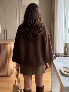 Women's High Neck Gold Button Cape Coat, Elegant Solid Color Short Cape Jacket, Casual Fashion Daily Outerwear - Coffee Brown - View 4