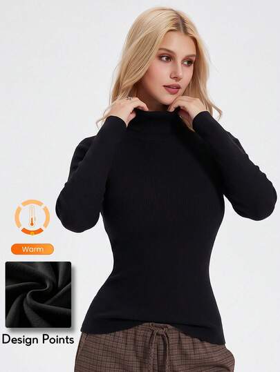 KyrLssu Damtröja i de rong-stickad med polokrage, lång ärm, slim fit, termisk tröja