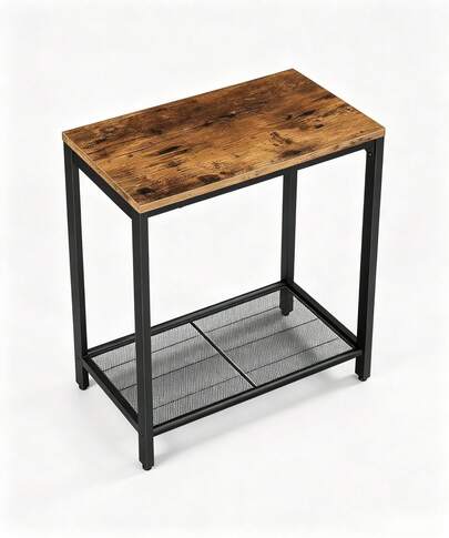 Mesa Auxiliar Estrecha con Estante de Malla, Mesita de Noche de Metal, Mesa Lateral Industrial para Sala de Estar, Recámara y Cocina, Mesa de Almacenamiento Color Café Rústico, Multiusos para Decoración del Hogar