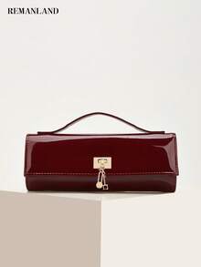 REMANLAND Glossy Burgundy Handbag, Minimalist Square Design, Gold Hardware Accents, Decorative Pendant Chain, Fashionable Choice For Dinner Dates And Parties - Burgundy - View 8