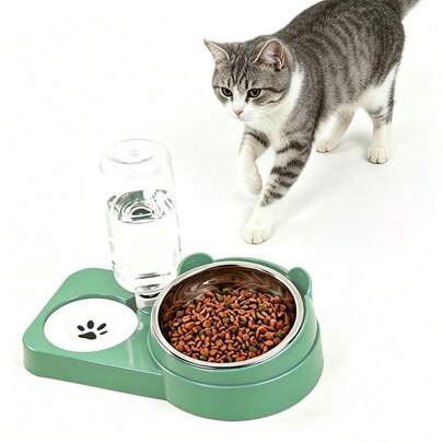 Automatic Refill Pet Water And Food Bowl Set, Stainless Steel Feeding Bowl With 500ml Water Bottle, Suitable For Cats And Small Dogs, 2-In-1 Pet Feeding And Watering Station