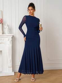 PARTHEA Women's Elegant Deep Blue Mesh Stand Collar Long Sleeve Mermaid Evening Gown, Suitable For Wedding Guests - Navy Blue - View 8