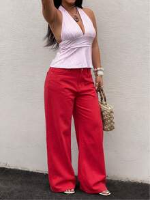 Plus Size Bright Red High Waist Wide Leg Denim Jeans, Casual Loose Fit Denim Pants For Autumn/Winter - Red - View 5