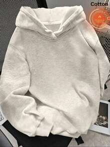 Women's Cute Hooded Sweatshirt, Drop Shoulder Long Sleeve Pullover, Fruit Pattern Print, Ribbed Knit Detail, Suitable For Warm Casual Wear - White Gray - View 3