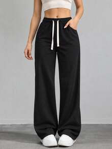 Women's Black Casual Wide Leg Pants Elastic Waist Adjustable Drawstring Relaxed Loose Fit Full Length Everyday Trousers - Black - View 8