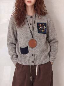 Women's Autumn/Winter Personalized Colorblock Pocket Design Round Neck Cardigan Jacket - Grey - View 1