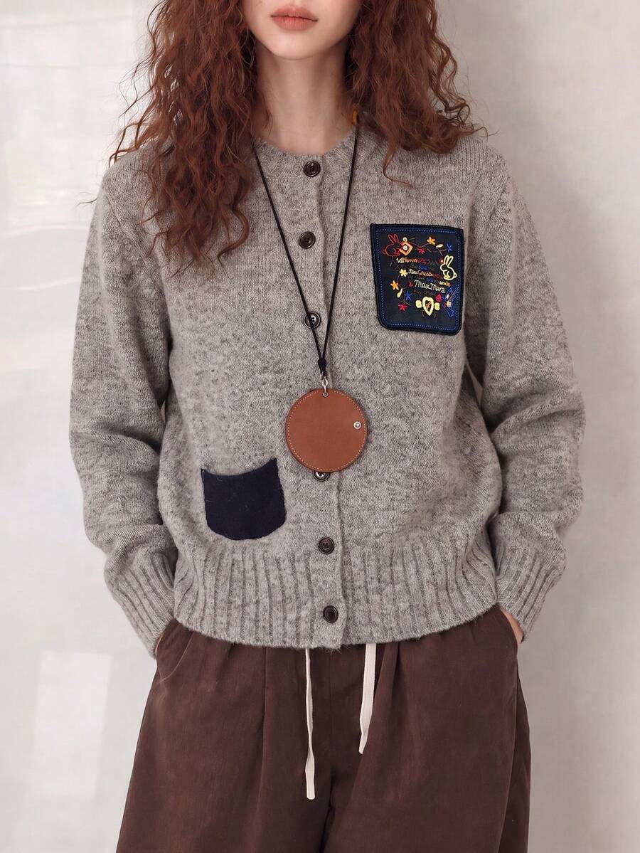 Women's Autumn/Winter Personalized Colorblock Pocket Design Round Neck Cardigan Jacket - Grey - View 1
