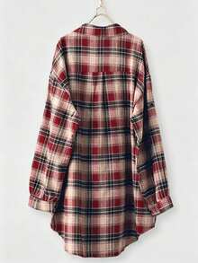Women's Plus Size Plaid Shirt, Collar, Rolled Sleeves And Front Button Design - Red - View 2