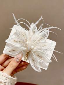1pc Large Vintage Lace Faux Feather Rhinestone Pearl Hair Clip, Bridal Wedding Headpiece, Wedding Party Accessory, Exquisite Newlywed Gift - Multicolor - View 6